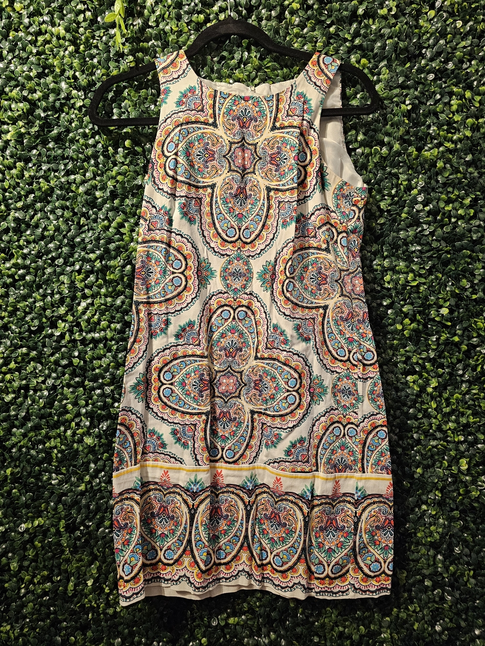 London Times Cream Shift Dress with Teal & Coral Paisley
